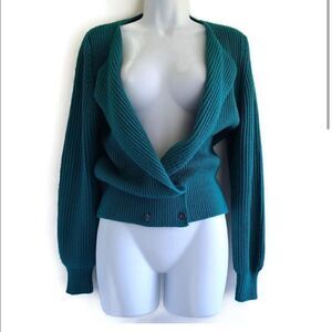 Vintage 80s Cardigan Sweater M Double Breasted Teal Blue / Green Acrylic CLX1A